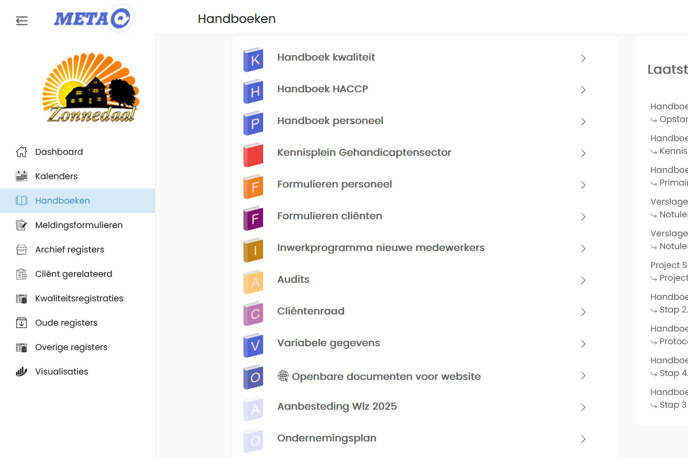Meta-Q-overzicht van handboeken en documentverzamelingen, waaronder kwaliteit, HACCP, personeel en audits.