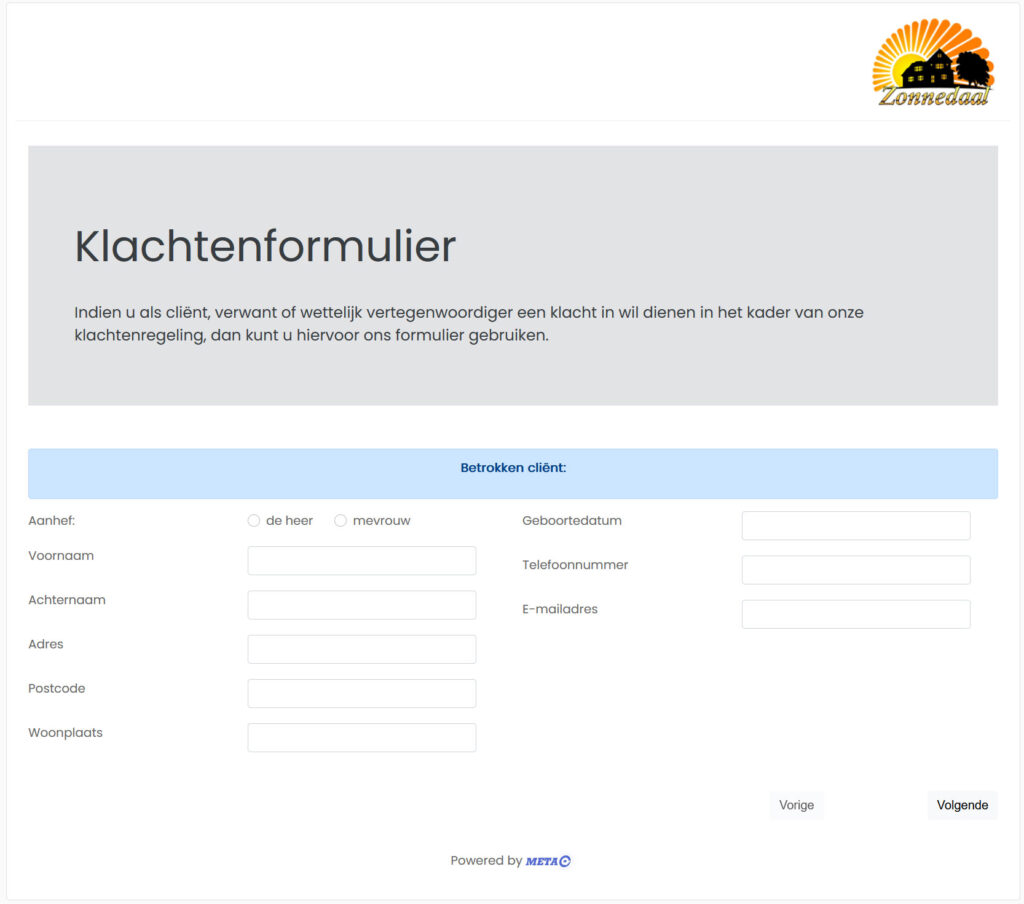 Digitaal klachtenformulier in Meta-Q met invoervelden voor de gegevens van de betrokken cliënt.