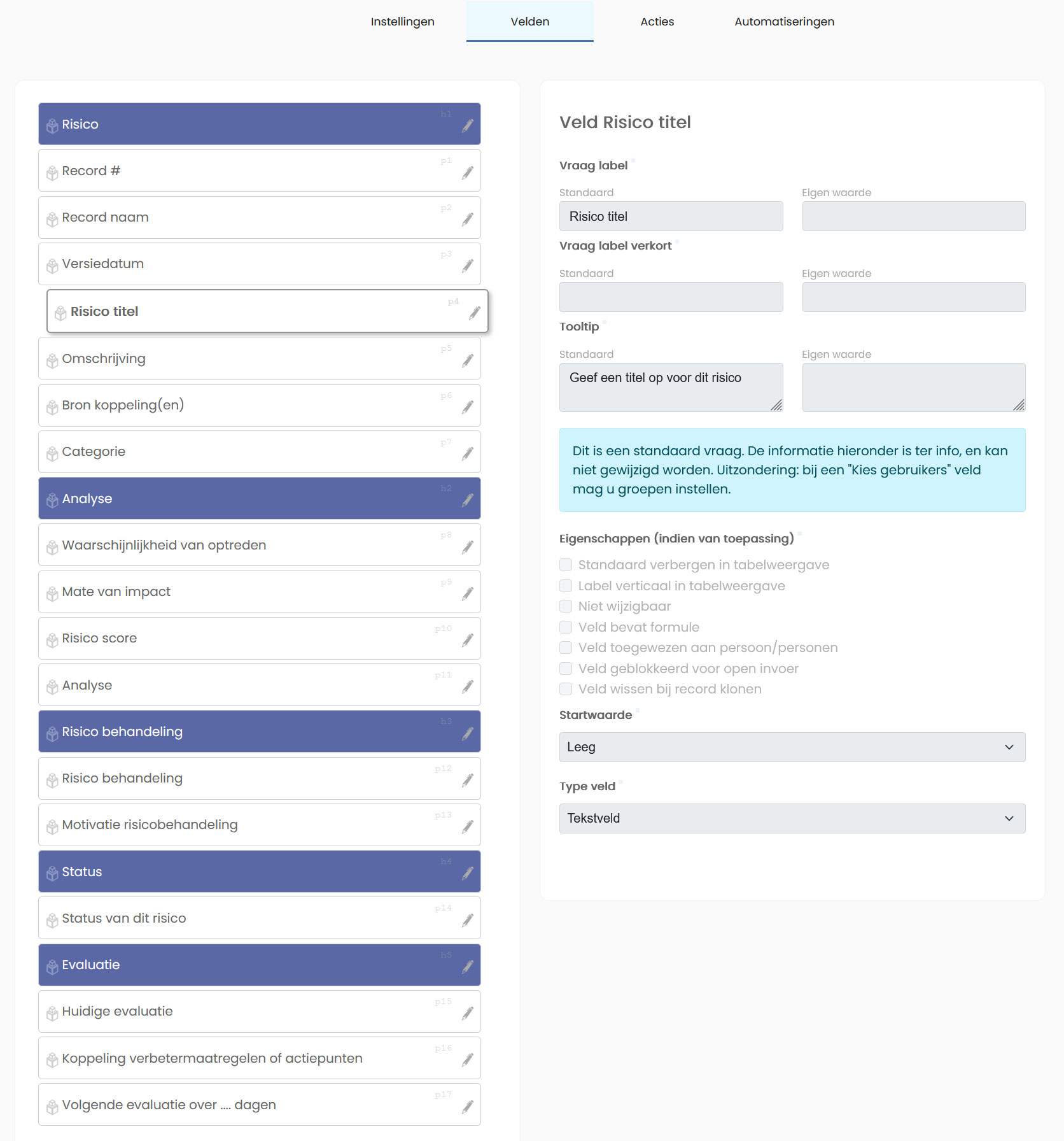 Registerbouwer in Meta-Q met de velden van een risicoregister en instellingen voor het veld Risico titel.